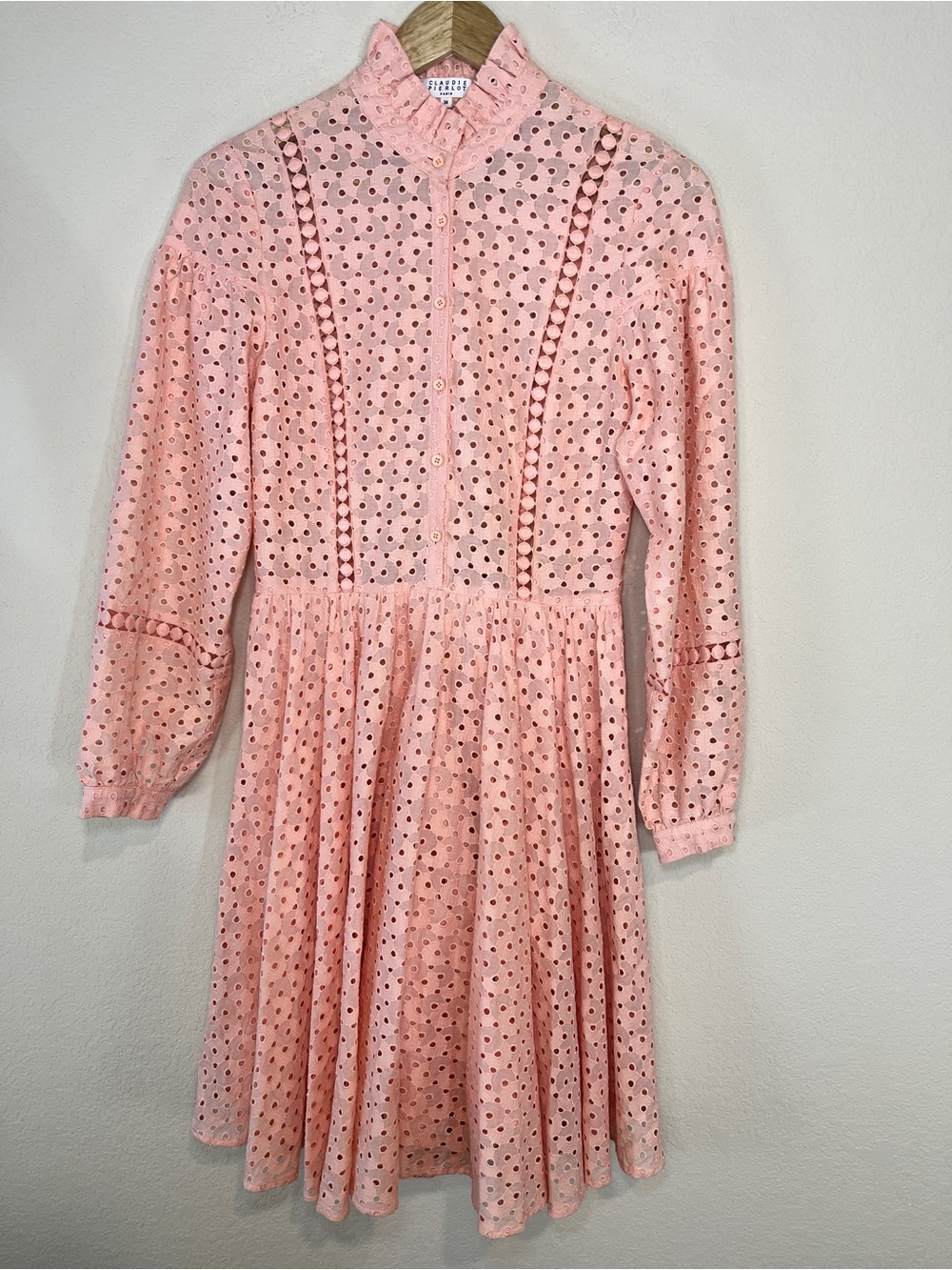 Claudie Pierlot Pink Eyelet Ruffle-Collar Cottagecore Long-Sleeve Dress SZ 34